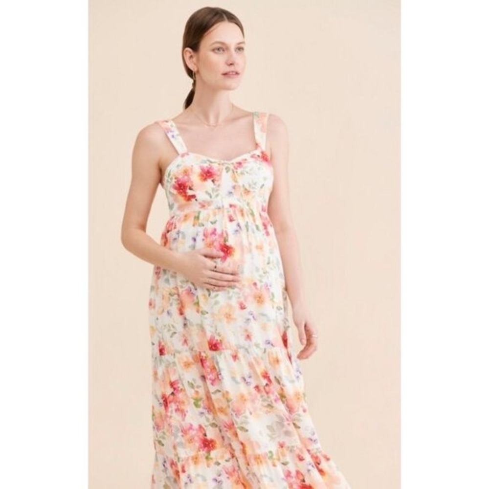 Yumi Kim Floral Tiered Maxi Dress Size XS Pink Orange Bump Friendly Boho Shower